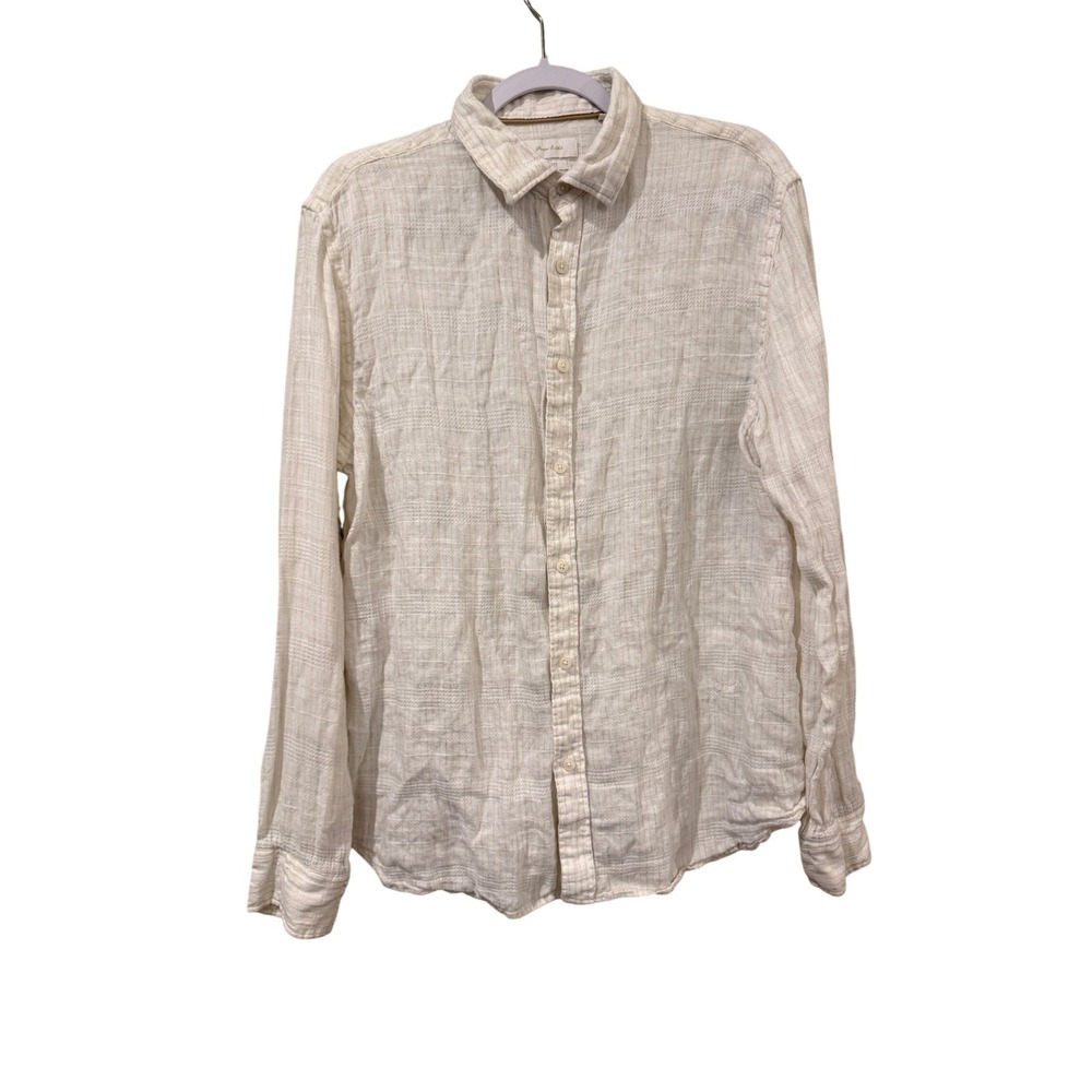Porter & Ash Men 100% Linen Long Sleeve Button Up Shirt L‎ White Dobby Textured